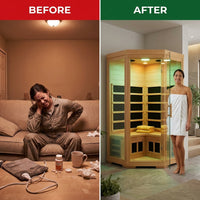 2-Person Corner Far Infrared Sauna Room - Hemlock Wood, Deluxe Transparent Glass Front, Large Capacity Home Sauna — Before & After