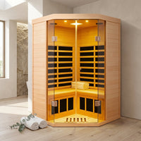 2-Person Corner Far Infrared Sauna Room - Hemlock Wood, Deluxe Transparent Glass Front, Large Capacity Home Sauna — Studio Shot