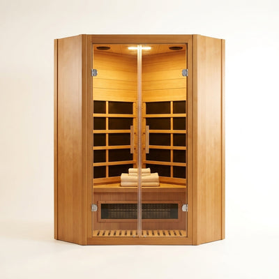Far Infrared Sauna Designed for Home Relaxation, Hemlock Wood Construction, 7 Heating Panels, Glass Front