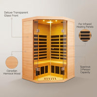 2-Person Corner Far Infrared Sauna Room - Hemlock Wood, Deluxe Transparent Glass Front, Large Capacity Home Sauna — infographic