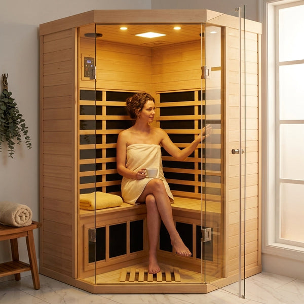 Far Infrared Sauna Designed for Home Relaxation, Hemlock Wood Construction, 7 Heating Panels, Glass Front
