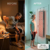 HG1000 Full Body Red Light Therapy Panel, 200 Leds, 660Nm Red & 850Nm Near-Infrared Light, Built-In Timer, Door Hanging Kit — Before & After