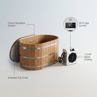 Indoor Cold Plunge Tub Built for Home Recovery, 54 Inch Capacity, 1.3 HP Chiller, Ozone Sanitation — infographic