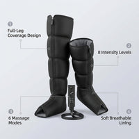Leg Compression Massager, Full-Leg Compression Boots, Black Medium | 8 Intensity & 6 Modes for Circulation & Muscle Relief, Fast Recovery for Athletes, FSA-HSA Eligible, Gifts for Men & Women — infographic