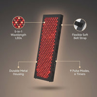 Red Light Therapy Box, 5In1 LED with 630-660-810-830-850, Metal Case, 3 Modes Red Light Panel with Soft Belt, 6 Timing Set - 9 Pulse Modes - 4-Level - Red Light Therapy Panel for Body — infographic