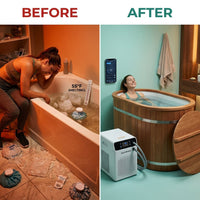 WOODBRIDGE 54" Indoor Cold Plunge Tub W/ 1.3 HP White Chiller – Rapid Cooling & Heating, Ozone Sanitation, Filter Circulation System, Wifi-Enabled & Remote Control via APP, Insulated Tub Cover — Before & After
